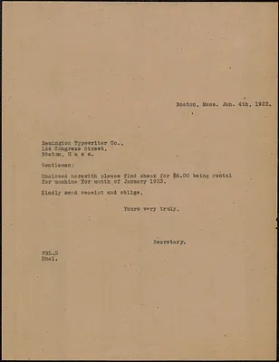 Frank R. Lopez typed letter (copy) to Remington Typewriter Co., Boston, Mass., January 4, 1922