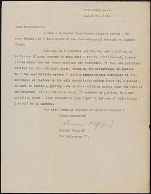 Norman Hapgood typed letter signed to [Aldino] Felicani, Petersham, Mass., August 10, 1932