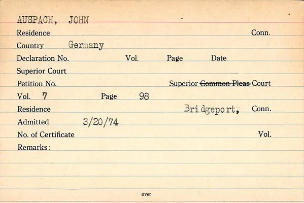 Fairfield County Superior Court and Fairfield County Court of Common Pleas, Index to Records of Naturalization, 1839-1955, Auspach-Bannon