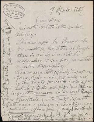 S. Cavalla (Circolo Operaio di Cultura Sociale) autograph letter signed, in Italian, to Joseph Moro, New York, N.Y., April 9, 1927