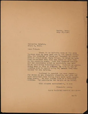 Sacco-Vanzetti Defense Committee typed letter (copy) to Katherine H. Hodgins, Boston, Mass., July 13, 1927