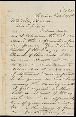 Letter from Thomas Chandler, Adrian, [Mich.], to William Lloyd Garrison, Oct. 29th, 1865