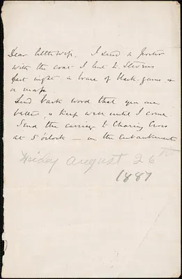 [John Biddulph Martin] autograph note to [Victoria Woodhull Martin], August 26, 1887