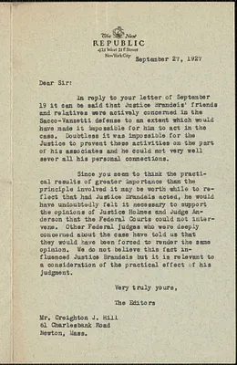 The New Republic typed letter to Creighton J. Hill, New York, N. Y., September 27, 1927
