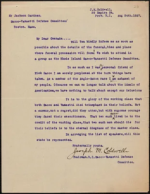John M. Coldwell (Rhode Island Sacco-Vanzetti Defense Committee) typed letter signed to Gardner Jackson, Providence, R. I., August 24, 1927