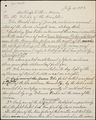 Bartolomeo Vanzetti autographed letter signed (initialed draft) to the Editor of the Boston Herald, 11 July 1927