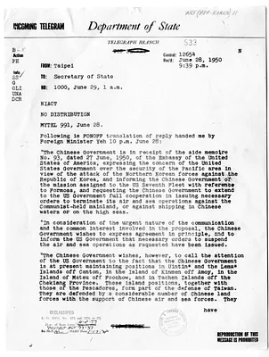 Telegram from Strong, United States Mission at Taipei to Secretary of State Dean Acheson