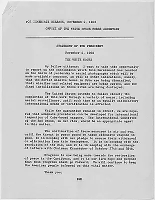 Press copy, Statement by the President on the removal of missiles in Cuba, 11 November 1962