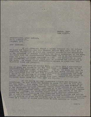 Sacco-Vanzetti Defense Committee typed letter (copy) to James P. Cannon, (International Labor Defense), Boston, Mass., January 4, 1927