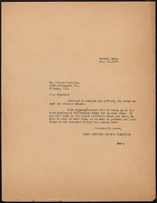 Sacco-Vanzetti Defense Committee typed note (copy) to Albert Wechsler (Sacco-Vanzetti Conference, Chicago), Boston Mass., June 18, 1927