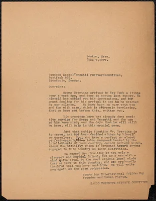 Sacco-Vanzetti Defense Committee typed letter (copy) to Svenska Sacco-Vanzetti Försvars Kommitten, Boston, Mass., June 7, 1927