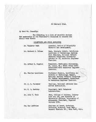 Memorandum from Vice Admiral W. H. P. Blandy to Matthew Connelly with Attachment and Related Material