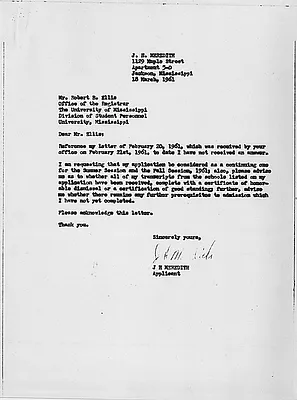 Letter from James Meredith to the Registrar at the University of Mississippi, 18 March 1961