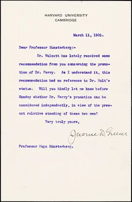 Greene, Jerome D. (Jerome Davis), 1874-1955 typed letter signed to Hugo Münsterberg, Cambridge, Mass., 11 March 1905