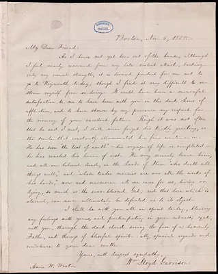 Letter from William Lloyd Garrison, Boston, [Mass.], to Anne Warren Weston, Nov. 6, 1855