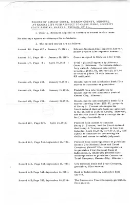 Record of Circuit Court, Jackson County, Missouri, at Kansas City, with Respect to Cause 203262, Security State Bank vs. Harry S. Truman, et al.