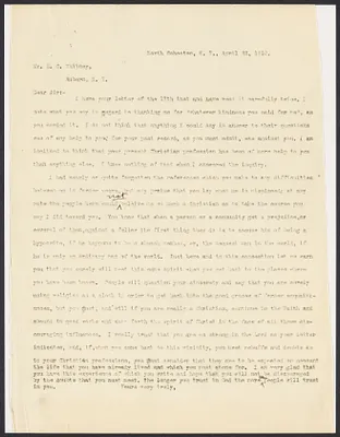 Sacco-Vanzetti Case Records, 1920-1928. Defense Papers. Anonymous letter to Whitney re: Christian Faith, April 22, 1910. Box 11, Folder 10, Harvard Law School Library, Historical & Special Collections