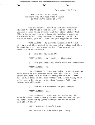 Remarks of the President Greeting the One Millionth Visitor to the White House in 1974 [Ford Speech or Statement]