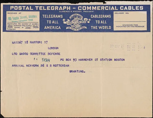 Georg Branting telegram to Sacco-Vanzetti Defense Committee, London, Eng., May 17, 1927