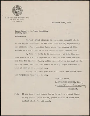 Antonio Cerrina (La Fubinese Society) typed letter signed to Sacco-Vanzetti Defense Committee, New York, N.Y., December 11, 1924