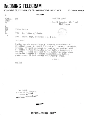 Telegram from John Foster Dulles to Secrertary of State George C. Marshall