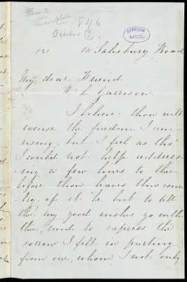 Partial letter from Frederick Douglass, 10 Salisbury Road, [Edinburgh?, Scotland], to William Lloyd Garrison, [Oct. 1846]