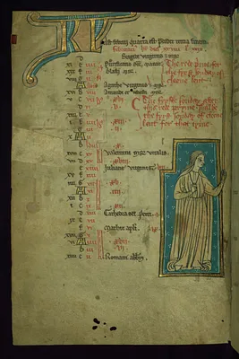Leaf from the Touke Psalter: February Calendar, Woman Holding Long Candle for Candlemas