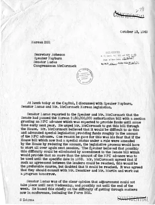 Memorandum of Conversation with Secretary of State Dean Acheson, Speaker of the House Sam Rayburn, Senator Scott Lucas, and Congressman John McCormack