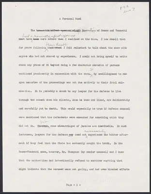 Herbert Brutus Ehrmann Papers, 1906-1970. Sacco-Vanzetti. Preliminary material; drafts; Mrs. Sorrentino's notes; title page. Box 4, Folder 16, Harvard Law School Library, Historical & Special Collections