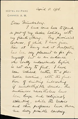 Santayana, George, 1863-1952 autograph letter signed to Hugo Münsterberg, Cannes, France, 11 April 1906