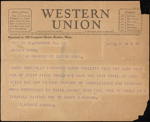 Clarence Darrow telegram to Joseph Moro, Chicago, Ill., July 29, 1927