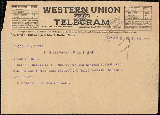 P. Petrello telegram, in Italian, to Sacco-Vanzetti Defense Committee, Highland Park, Mich., April 8, 1927