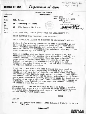 Telegram from Ambassador Henry Grady to Secretary of State Dean Acheson, Number 640