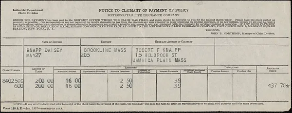 Notice to claimant of payment of policy, Metropolitan Life Insurance Company, to Robert F. Knapp