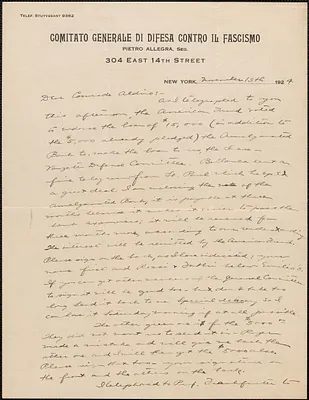 [Elizabeth Gurley Flynn] (Comitato Generale Di Difesa Contro Il Fascismo) autograph letter signed to Aldino [Felicani] : New York, N. Y., November 13, 1924
