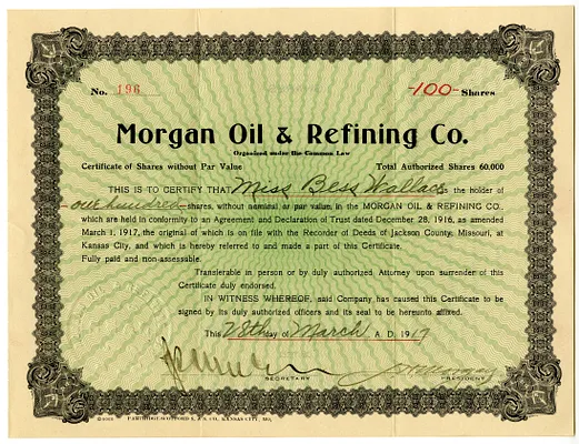 Stock Certificate Number 196 from Morgan Oil and Refining Company, Issued to Bess Wallace