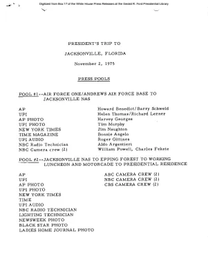 President's Trip to Jacksonville, Florida, November 2, 1975 [Pool Assignments]