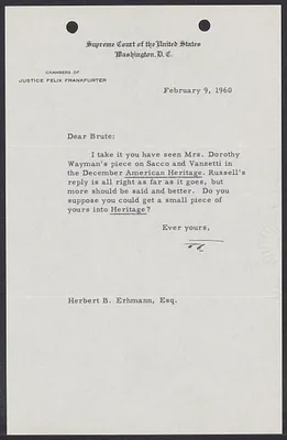 Herbert Brutus Ehrmann Papers, 1906-1970. Sacco-Vanzetti. Correspondence re: 1960 edition of The Untried Case. Box 3, Folder 10, Harvard Law School Library, Historical & Special Collections