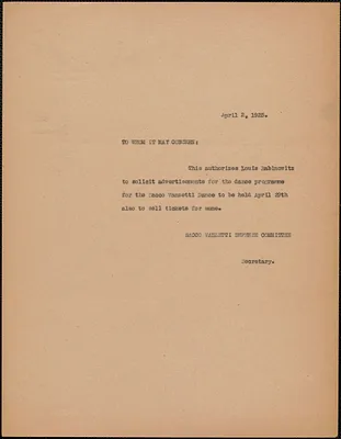 Sacco-Vanzetti Defense Committee typed letter (copy) to whom it may concern, Boston, Mass., April 2, 1925