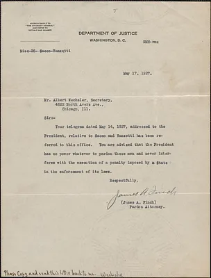 James A. Finch (Department of Justice) typed letter signed to (Albert Wechsler Sacco-Vanzetti Conference of Chicago), Washington, D. C., May 17, 1927