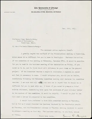Angell, James Rowland, 1869-1949 typed letter signed to Hugo Münsterberg, Chicago, 15 December 1911