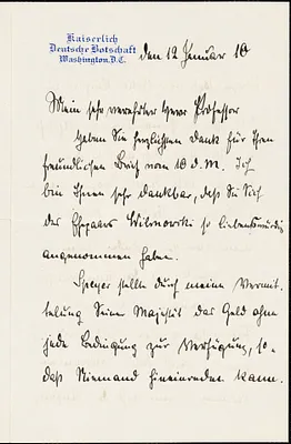 Bernstorff, Johann Heinrich, Graf von, 1862-1939 autograph letter signed to Hugo Münsterberg, Washington, D.C., 12 January 1910