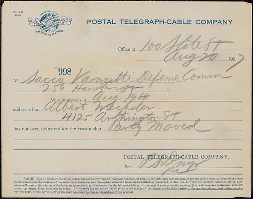 Postal Telegraph-Cable Company printed form to Sacco-Vanzetti Defense Committee, Boston, Mass., August 20, 1927