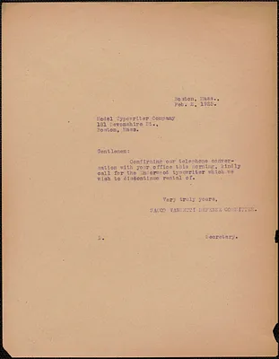 Sacco-Vanzetti Defense Committee typed note (copy) to Model Typewriter Co., Boston, Mass., February 2, 1925