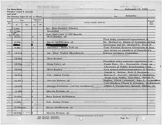 President's Daily Diary Entry, February 17, 1968