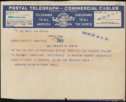 Comité de Défense Sacco-Vanzetti telegram, in French, to Sacco-Vanzetti Defense Committee, Paris, France, July 25, 1927