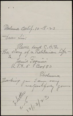 Louis Fognini autograph note signed to Sacco-Vanzetti Defense Committee, Petaluma, Calif., October 18, 123