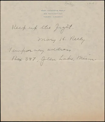 Mary K. Reely autograph note signed to [Sacco-Vanzetti Defense Committee], Madison, Wis., [1920-1927]