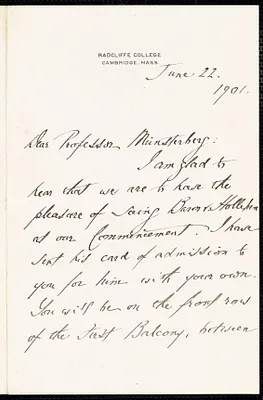 Irwin, Agnes, 1841-1914 autograph letter signed to Hugo Münsterberg, Cambridge, Mass., 22 June 1901