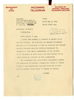 Telegram from Jefferson Caffery to Secrertary of State Edward Stettinius